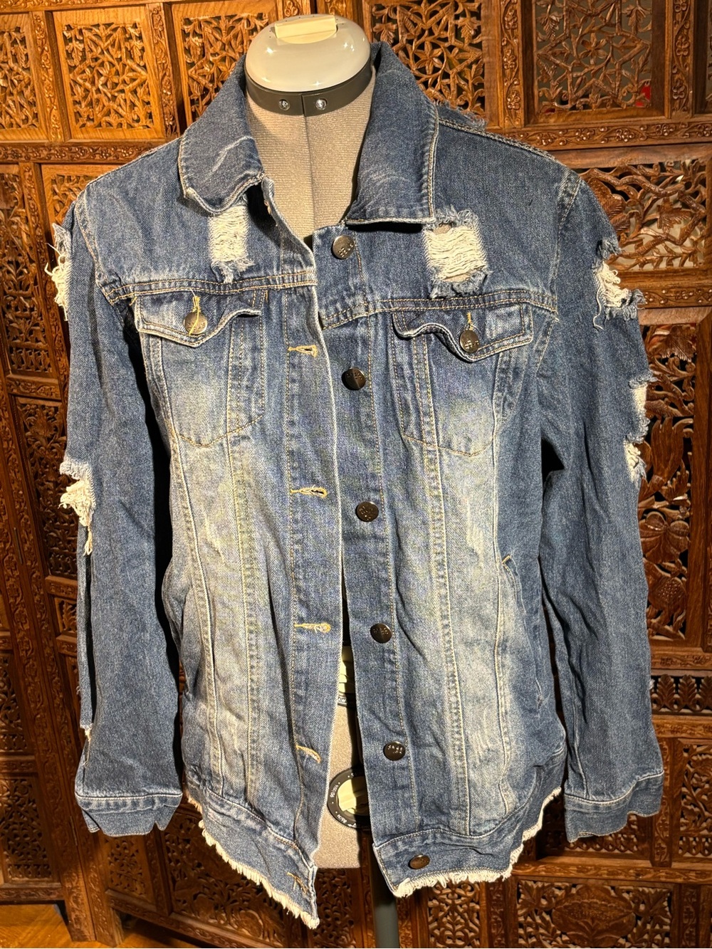 Womens Distressed Denim Jacket - Blue